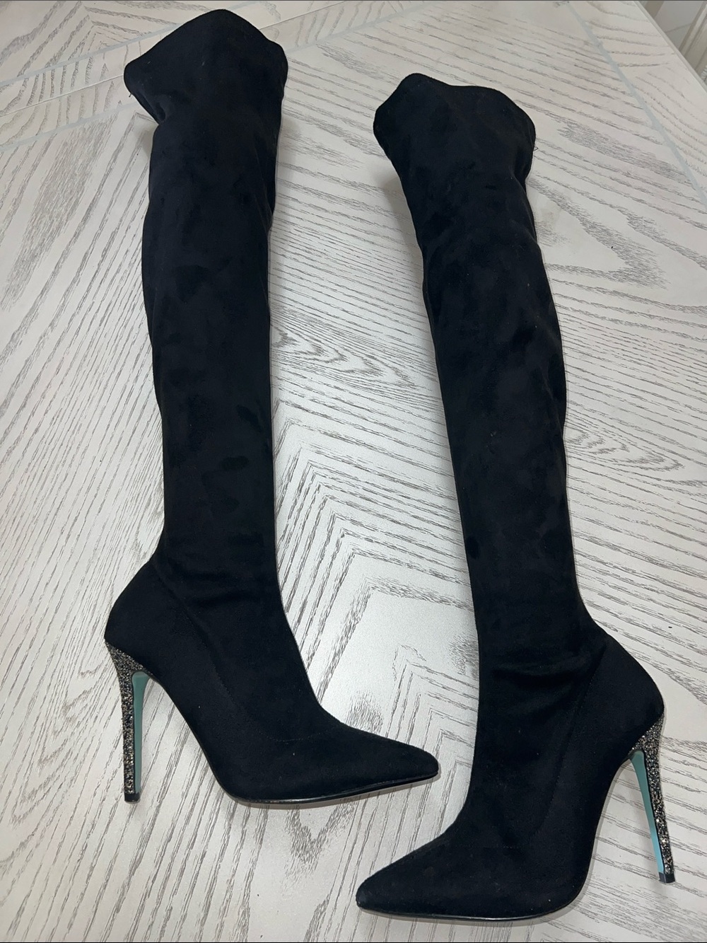 Betsey Johnson Black Over-the-Knee Stiletto Boots with Embellished Heel